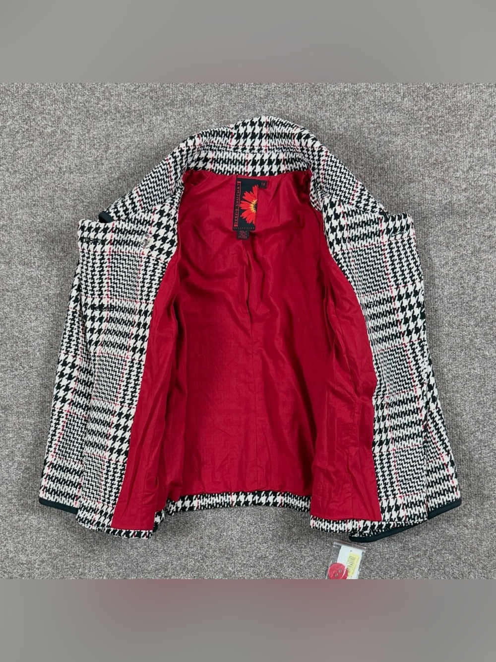 NWT Black White Red Houndstooth Wool Blend Jacket Women’s L Asymmetrical Collar - Picture 5 of 11